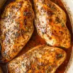 Brown Sugar Garlic Chicken 7 Juicy brown sugar garlic chicken breasts baked in a white ceramic dish with a rich caramelized glaze