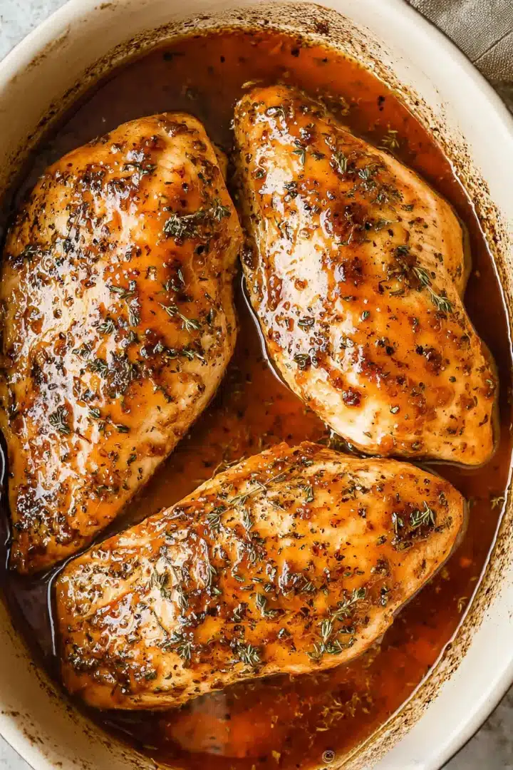 Juicy brown sugar garlic chicken breasts baked in a white ceramic dish with a rich caramelized glaze