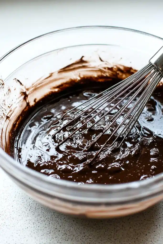 Zucchini Brownies – Fudgy, Healthy, Irresistible 10 Mixing bowl of chocolate zucchini brownie batter with whisk