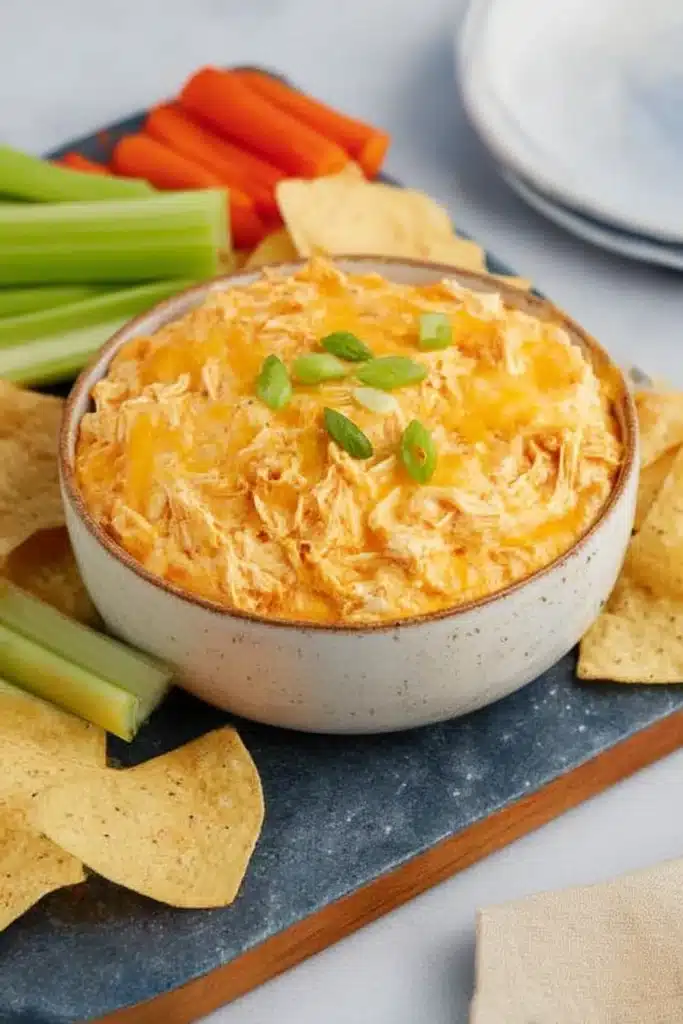 Buffalo Chicken Dip in a Crock Pot | Comforting & Easy 9 Buffalo Chicken Dip in a Crock Pot served in bowl with chips, celery, carrots, and green onion garnish