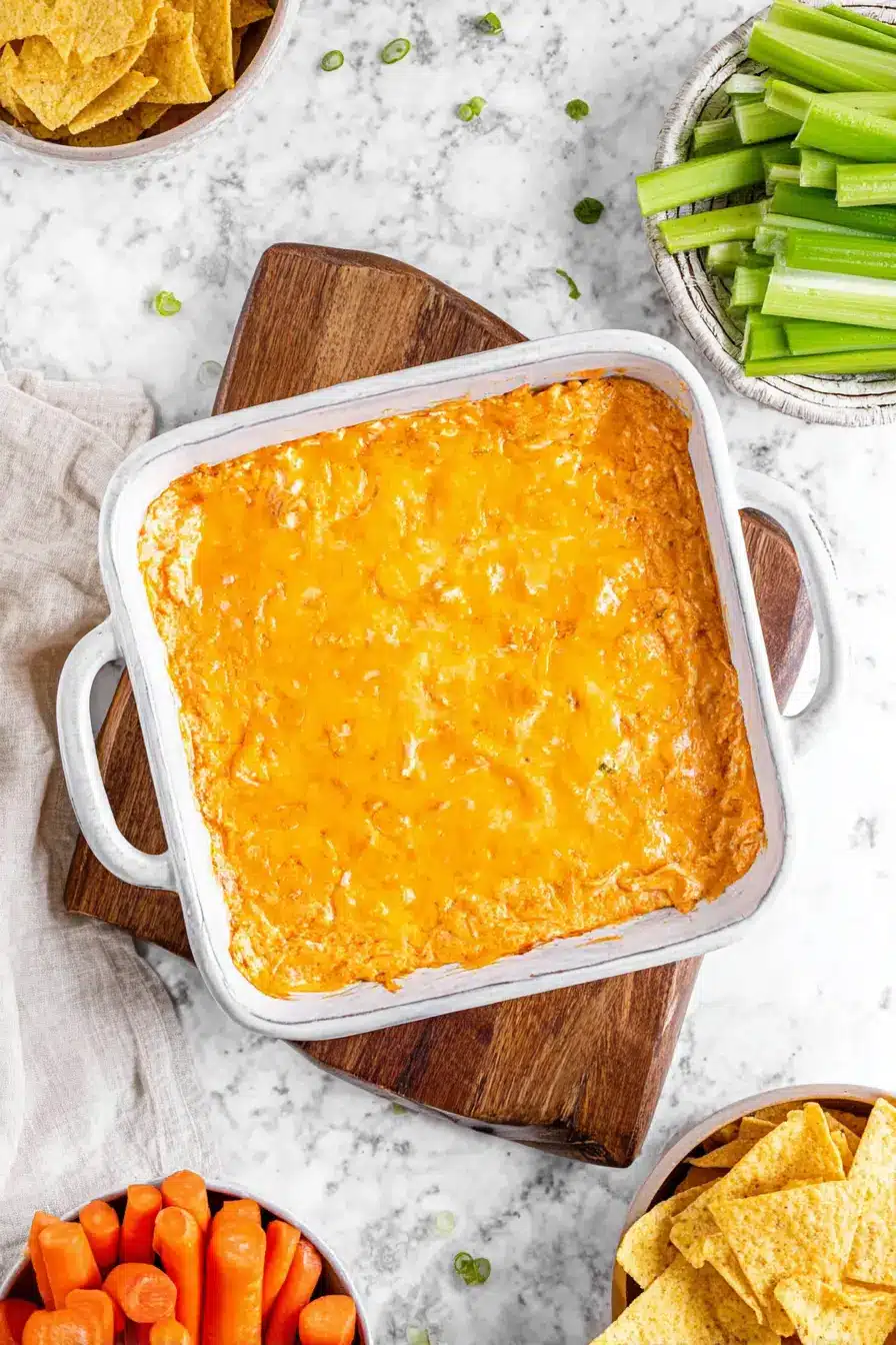 Buffalo chicken dip in white baking dish surrounded by celery sticks, carrots, and Frito Scoops on wood board