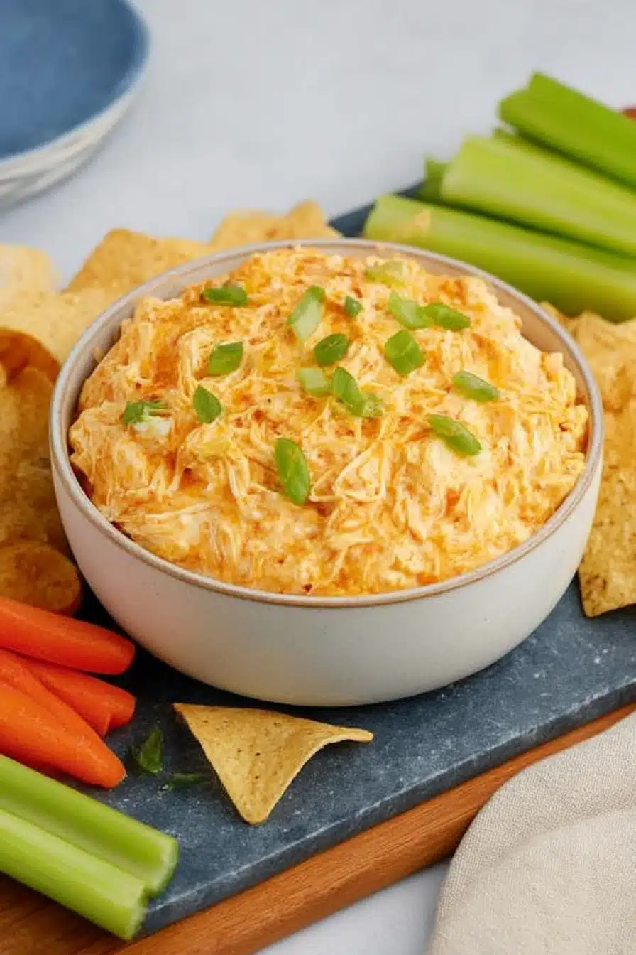 Buffalo Chicken Dip in a Crock Pot served in bowl with tortilla chips, celery, carrots, and sliced green onions