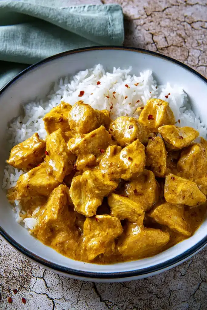 Butter chicken with rice served in a white bowl