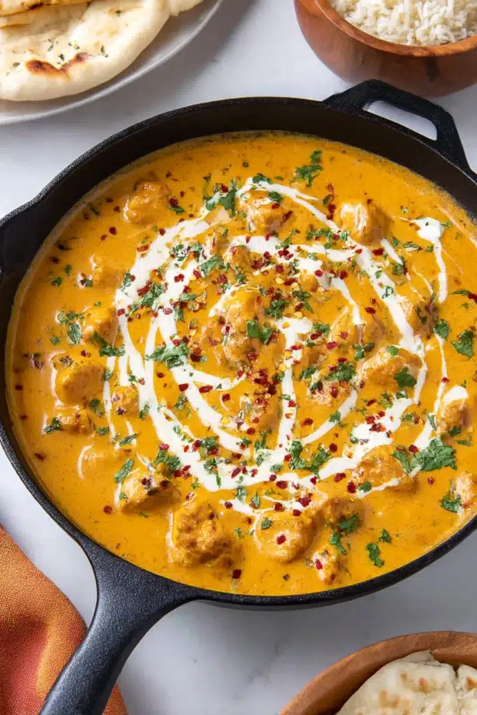 Butter Chicken – Rich, Creamy & Easy to Love 9 Butter chicken in skillet with cream swirls and cilantro on light surface