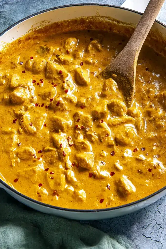 Butter Chicken – Rich, Creamy & Easy to Love 7 Butter chicken simmering in a skillet with creamy sauce and wooden spoon