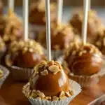 Caramel Apple Donut Cake Pops – Easy & Fun Fall Treat 9 Caramel Apple Donut Cake Pops with chopped peanuts and glossy caramel coating
