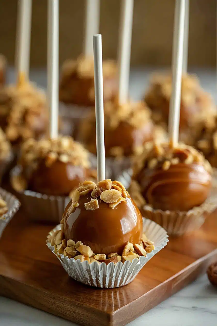 Caramel Apple Donut Cake Pops with chopped peanuts and glossy caramel coating