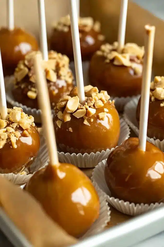 Caramel Apple Donut Cake Pops – Easy & Fun Fall Treat 8 Caramel Apple Donut Cake Pops with and without peanuts in white liners on tray