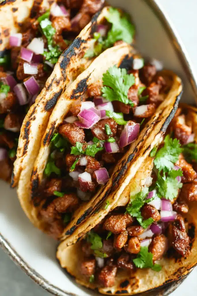 Close-up of carne asada tacos with onion and cilantro on charred flour tortillas served on a white ceramic plate

