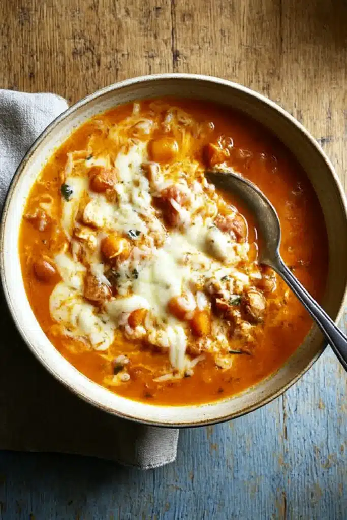 Chicken Chili with Pumpkin Recipe 6 Bowl of chicken chili with pumpkin topped with melted cheese on rustic wooden table