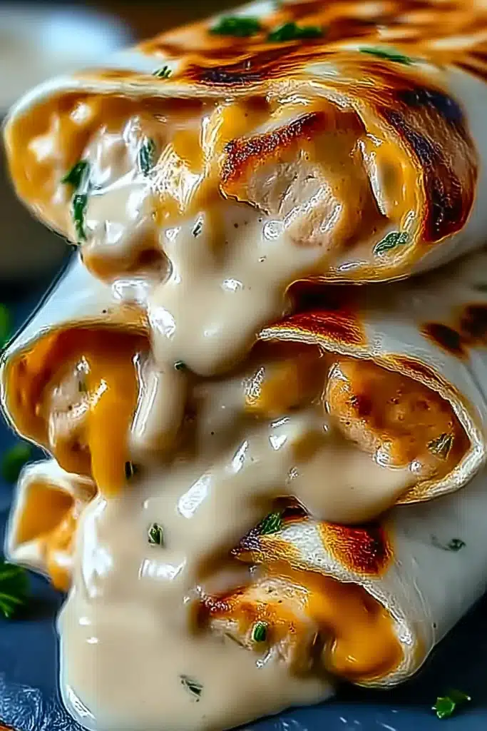 Stacked cheesy chicken garlic wraps with golden tortillas, creamy garlic sauce, melted cheddar cheese, and parsley garnish