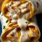Cheesy chicken garlic wraps with creamy garlic sauce and melted cheddar cheese on toasted tortillas, close-up food photo