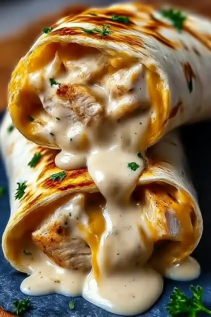 Cheesy chicken garlic wraps with creamy garlic sauce and melted cheddar cheese on toasted tortillas, close-up food photo