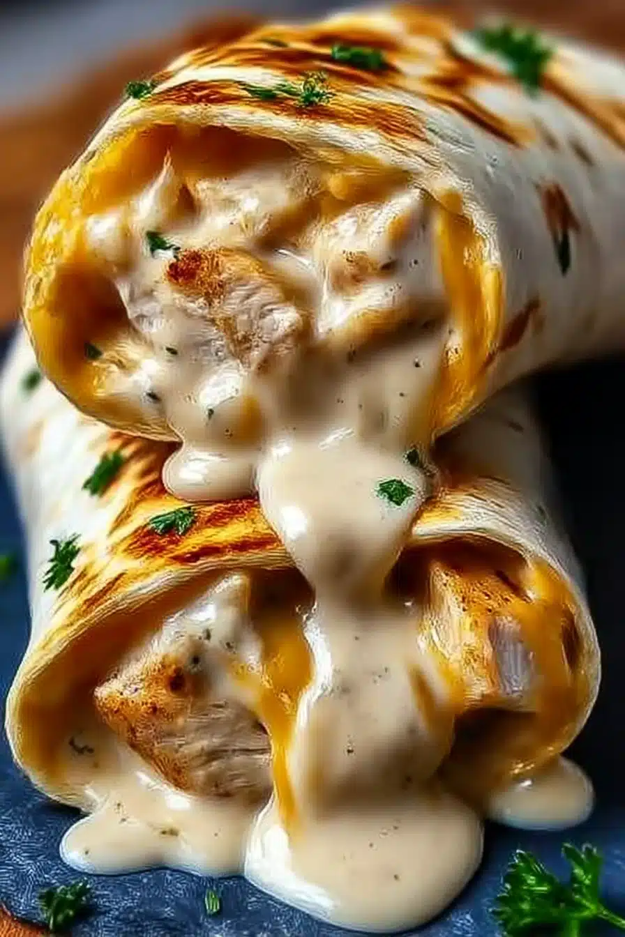 Cheesy chicken garlic wraps with creamy garlic sauce and melted cheddar cheese on toasted tortillas, close-up food photo