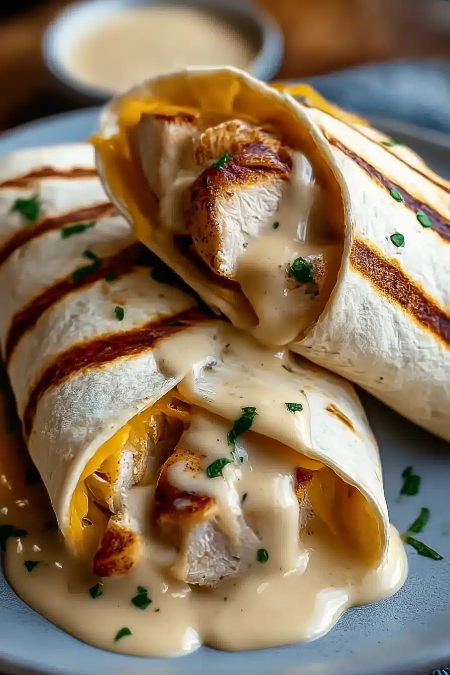 Close-up of cheesy garlic chicken wraps with grilled tortillas, melted cheddar, and creamy garlic sauce on a plate.