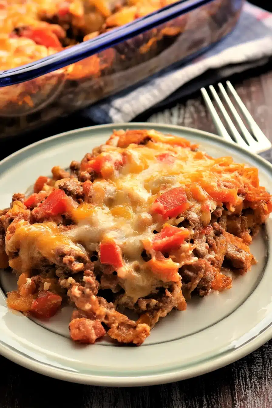 Cheesy Mexican casserole served on a white plate with melted cheese, beef, and tomatoes