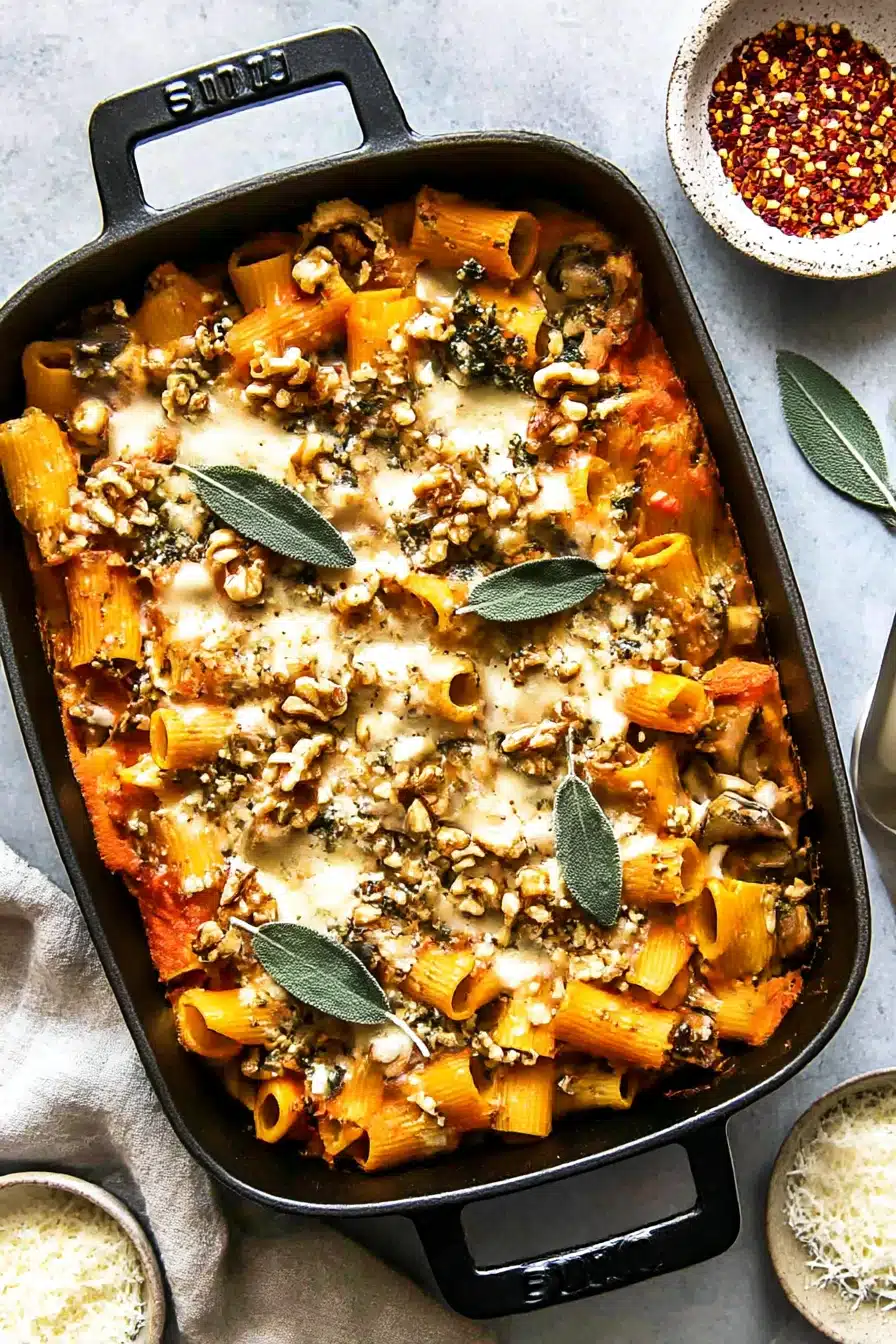 Cheesy pumpkin pasta bake topped with melted cheese, toasted walnuts, and sage in a cast iron dish