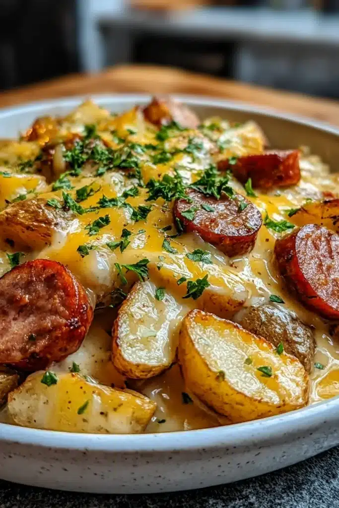 Cheesy ranch potatoes with smoked sausage in a rustic bowl topped with melted cheddar and parsley