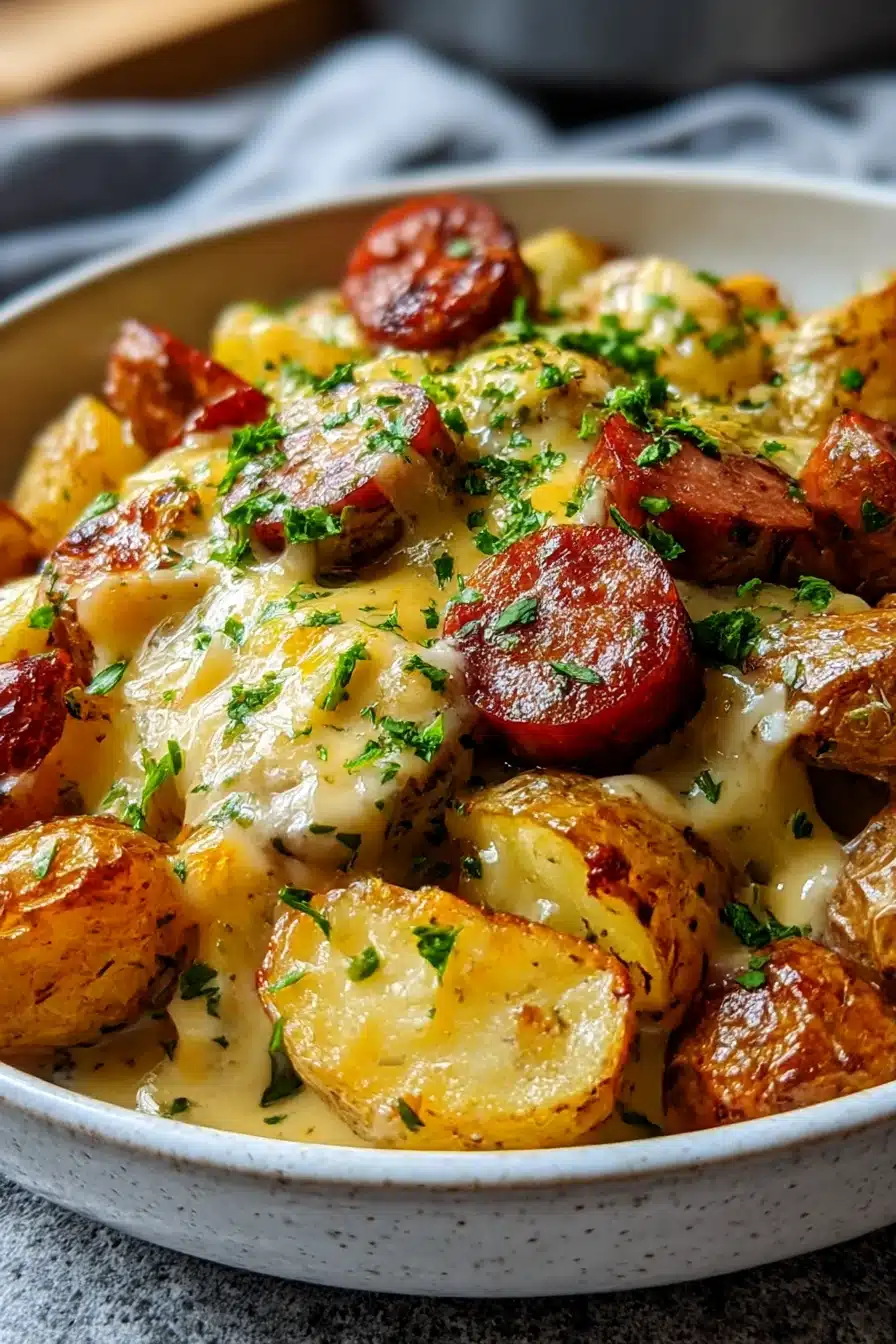 Bowl of cheesy ranch potatoes and smoked sausage topped with melted cheddar and parsley