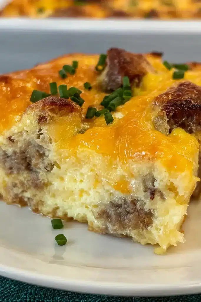 Close-up of cheesy sausage and egg casserole slice with golden top and soft egg interior