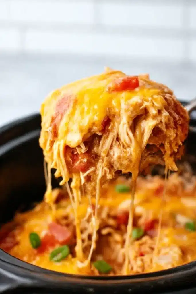 Spoon lifting cheesy slow cooker chicken enchilada casserole with gooey melted cheese and shredded chicken