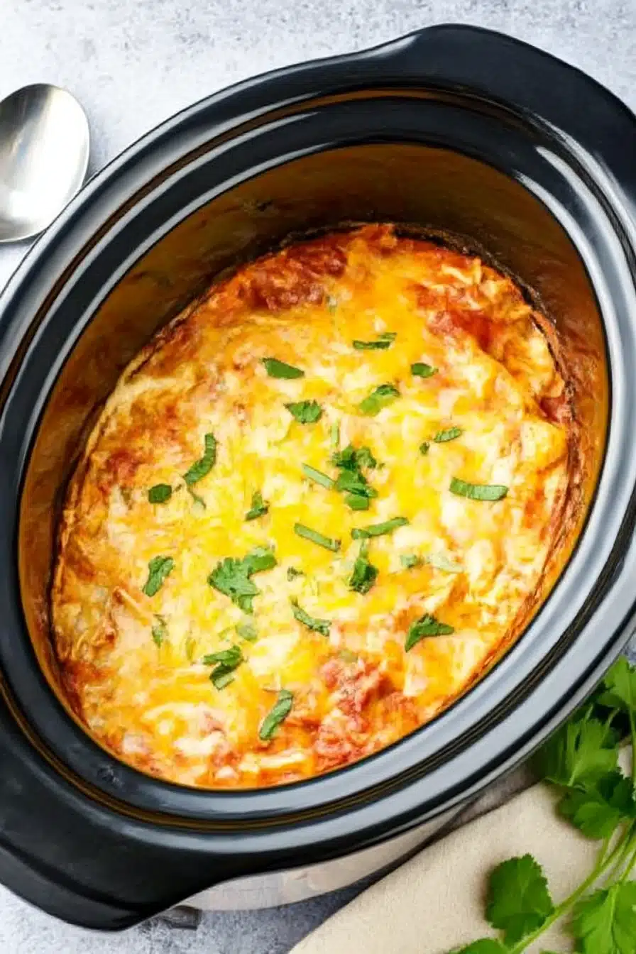 Slow Cooker Chicken Enchilada Casserole topped with melted cheese and herbs inside a black crockpot