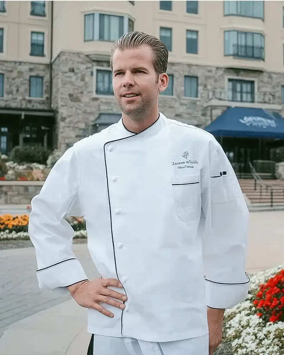 Kai, the head chef at Kai Recipes, wearing a white chef’s coat in front of a luxury hotel backdrop
