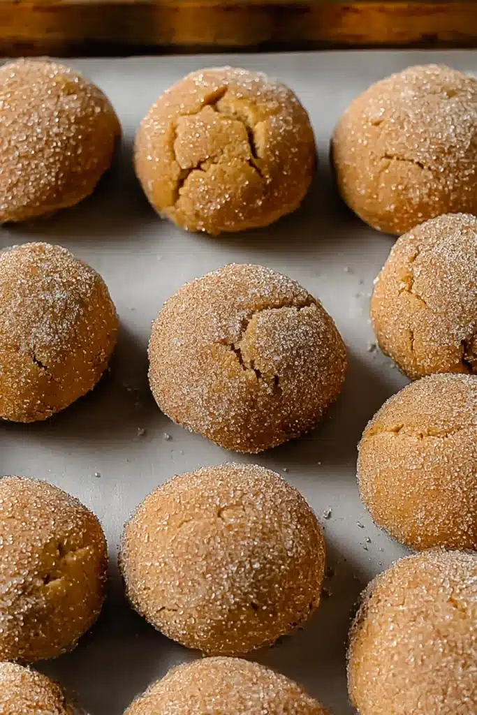 Chewy maple pumpkin cookies coated in spiced sugar, arranged on a parchment-lined baking sheet ready to bake.