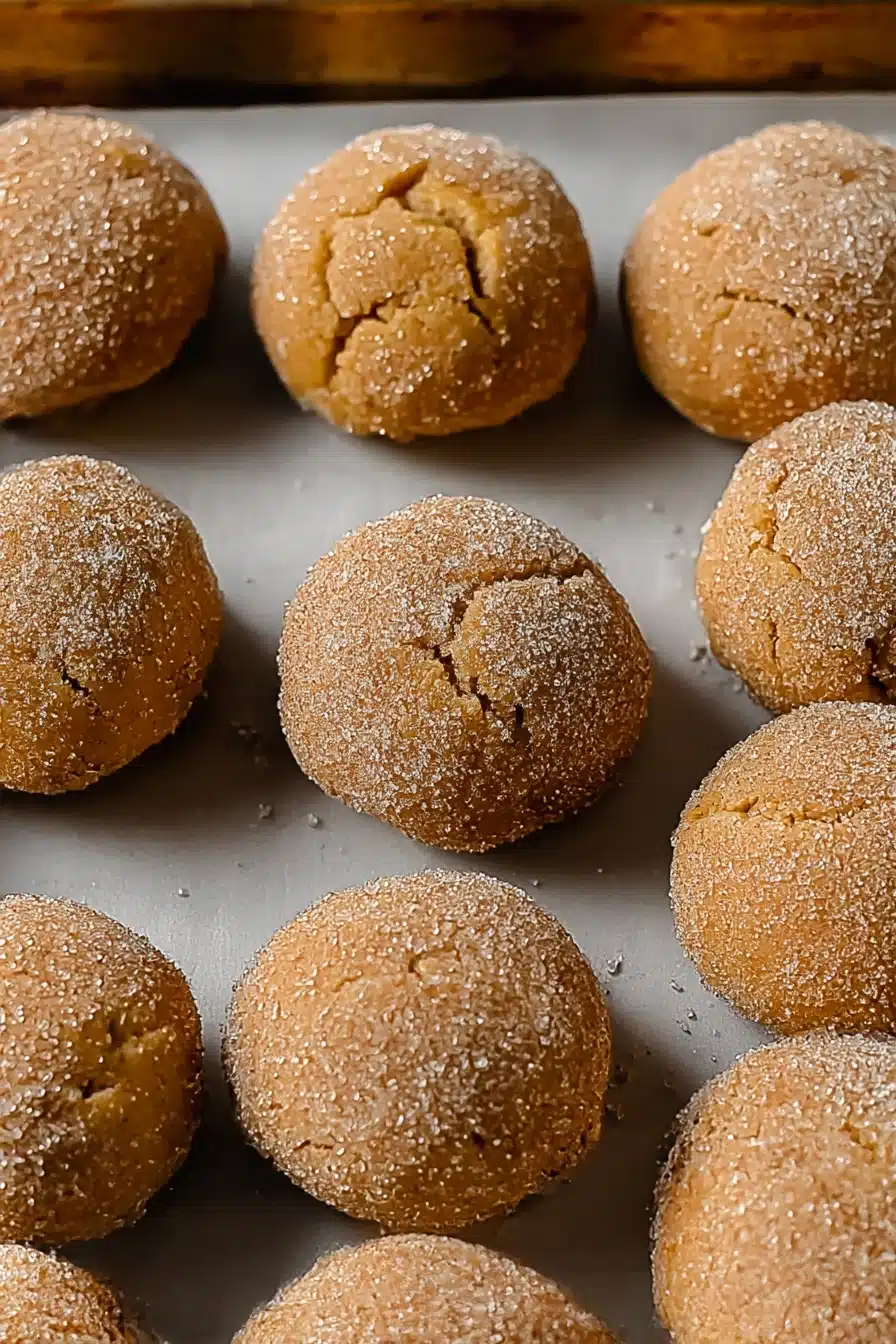 Chewy maple pumpkin cookies coated in spiced sugar, arranged on a parchment-lined baking sheet ready to bake.