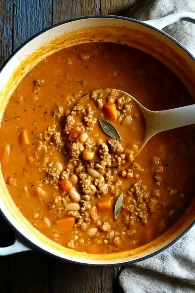 Dutch oven filled with hearty chicken chili with pumpkin, carrots, and white beans on rustic wood table