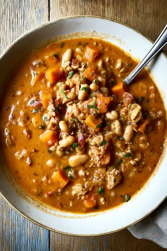 Bowl of hearty chicken chili with pumpkin, carrots, and white beans on rustic wood table