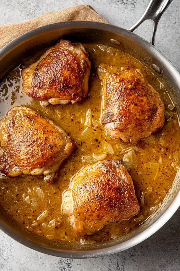 Crispy chicken thighs simmering in rich broth in a stainless steel skillet on a rustic beige stone surface