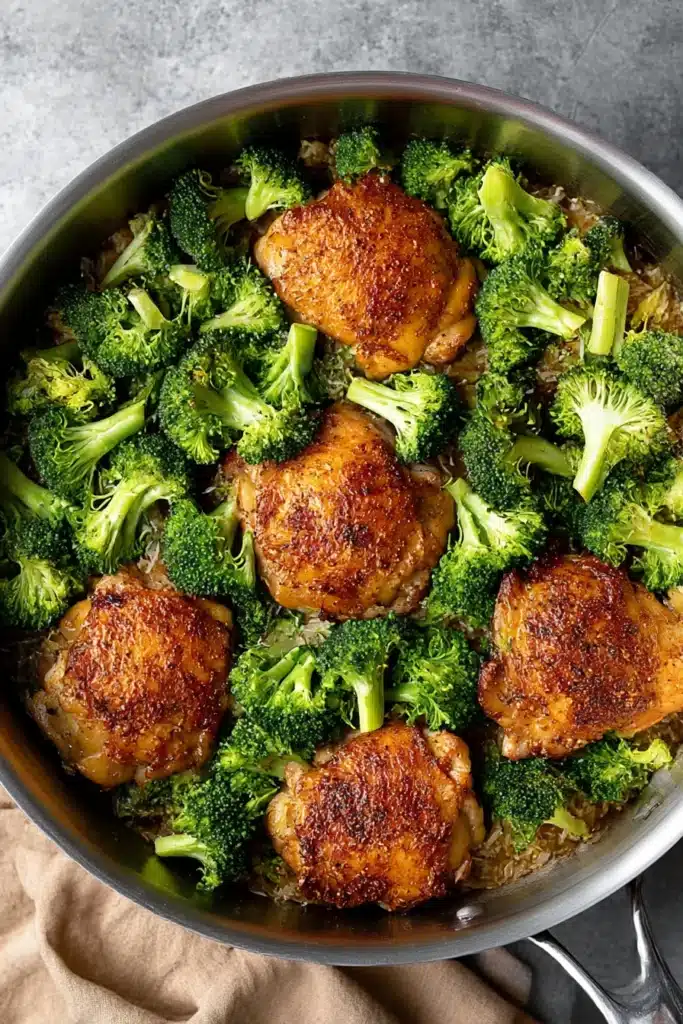Crispy chicken thighs with fresh broccoli in a stainless steel skillet on a rustic beige stone surface