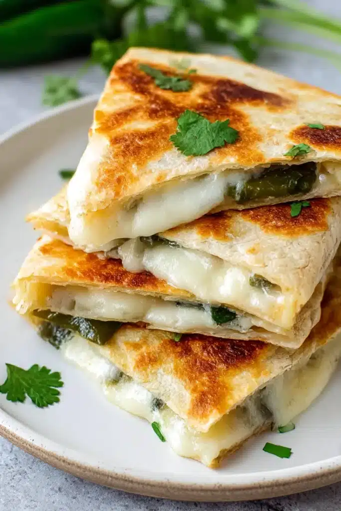 Chile Relleno Quesadilla with roasted poblanos and melted cheese stacked on a plate