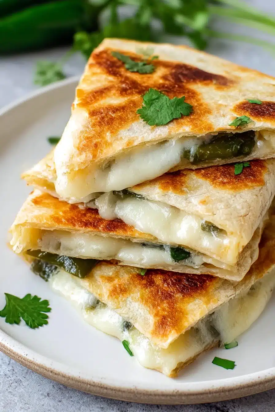 Chile Relleno Quesadilla with roasted poblanos and melted cheese stacked on a plate