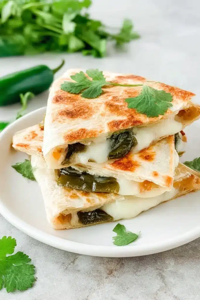 Stacked chile relleno quesadillas with melted cheese and roasted poblano on a white plate