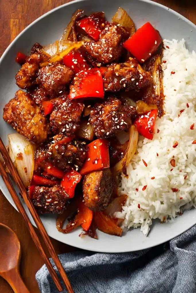 Chili Crisp Chicken – Quick, Flavorful & Easy Stir-Fry 7 Chili crisp chicken stir-fry with white rice served on a blue plate with chopsticks and chili oil.