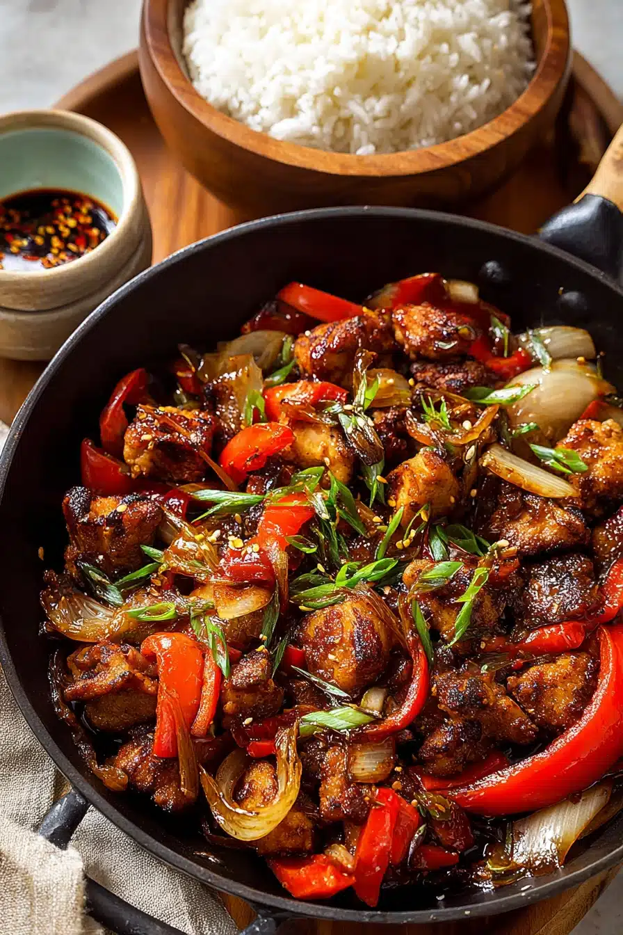 Close-up of chili crisp chicken stir-fry with red peppers, onions, and scallions in a skillet, served with rice and chili oil.