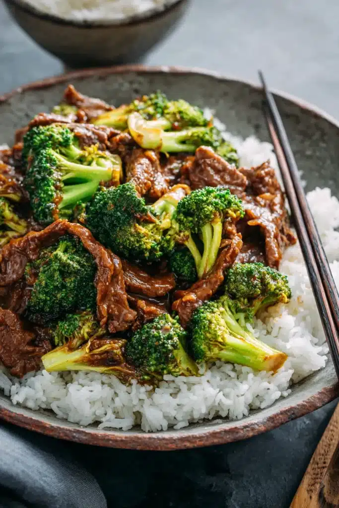 Chinese Beef and Broccoli – Amazing One-Pan Dinner Idea 9 Chinese beef and broccoli stir-fry served over white rice in a rustic ceramic bowl