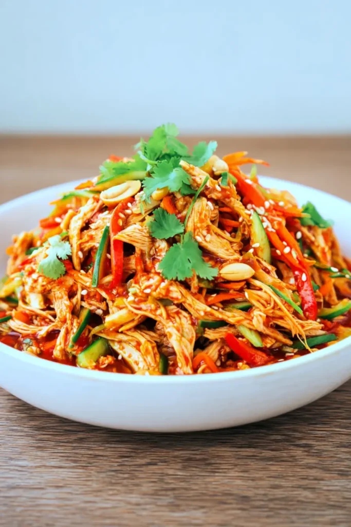 Chinese Chicken Breast Salad (Quick & Flavorful Recipe) 11 Chinese Chicken Breast Salad in a white bowl with shredded chicken, crunchy vegetables, peanuts, and sesame chili dressing on a light wooden table