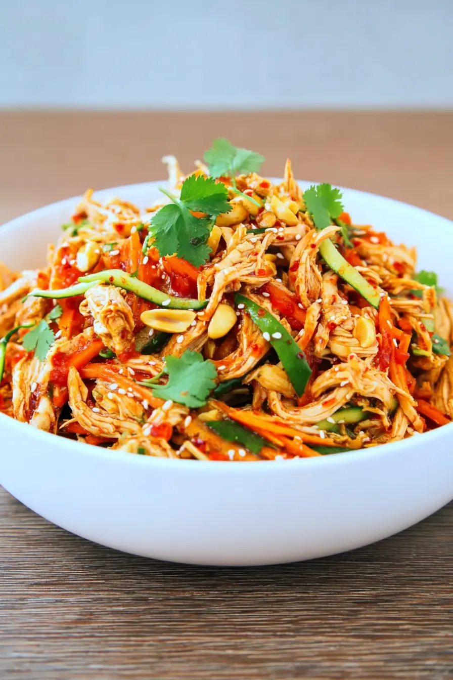 Chinese Chicken Breast Salad with shredded chicken, crisp vegetables, peanuts, and spicy sesame chili dressing in a white bowl