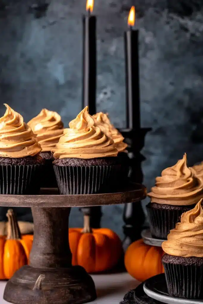 Chocolate Pumpkin Cupcakes on rustic cake stand with candles and pumpkins on white table