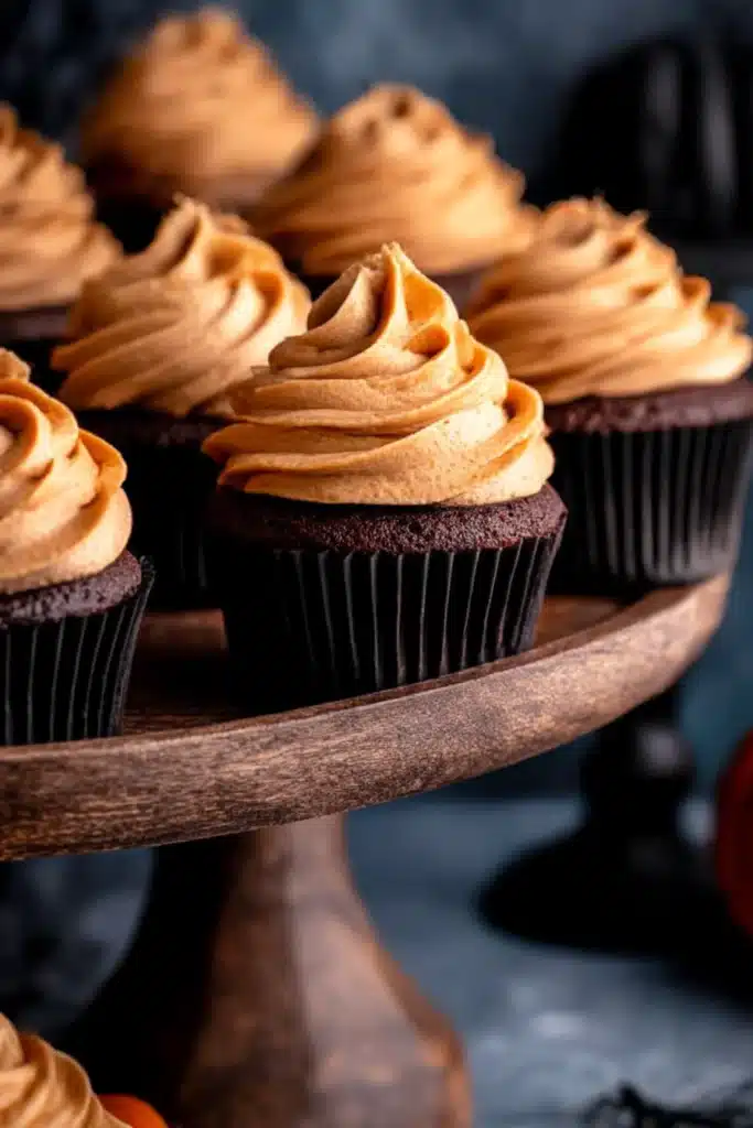 Chocolate Pumpkin Cupcakes arranged on a white table with cozy autumn background
