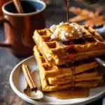 Stack of cider pumpkin waffles with salted maple butter and maple syrup drizzle on a rustic plate with a warm mug