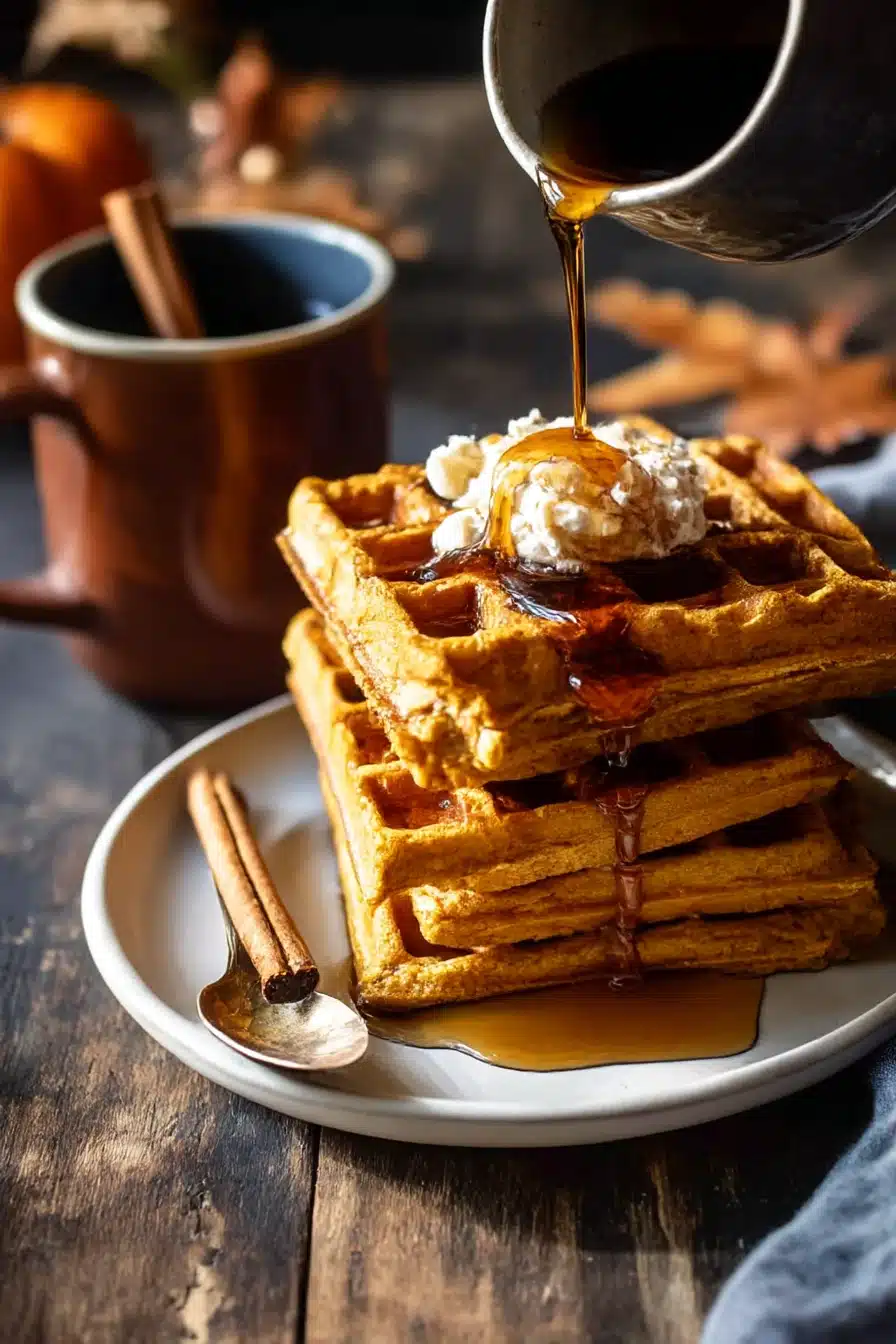 Stack of cider pumpkin waffles with salted maple butter and maple syrup drizzle on a rustic plate with a warm mug