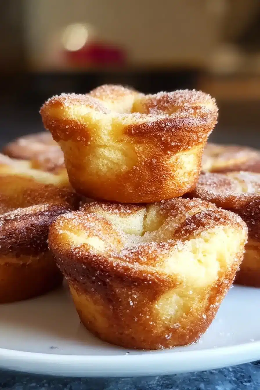 Golden brown cinnamon sugar French toast muffins with crisp edges and fluffy centers, served on a plate with a light sugar dusting.