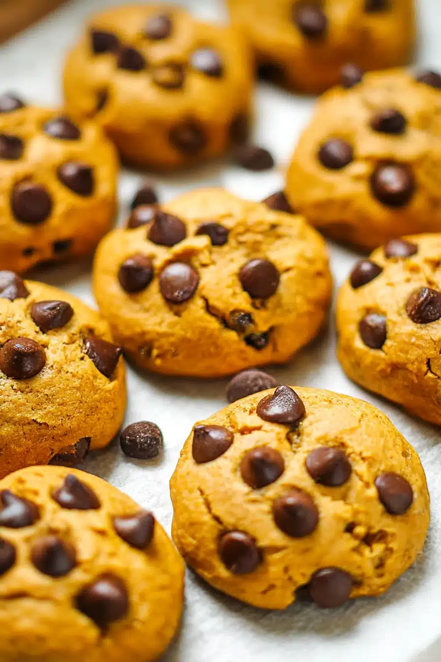 Classic Pumpkin Chocolate Chip Cookies freshly baked with soft, golden-orange texture and melty chocolate chips