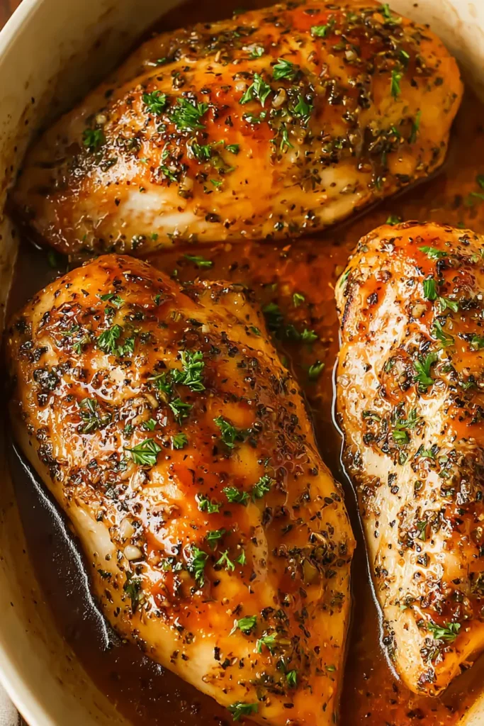 Brown Sugar Garlic Chicken 6 Close-up of baked brown sugar garlic chicken glazed with sauce and topped with fresh parsley