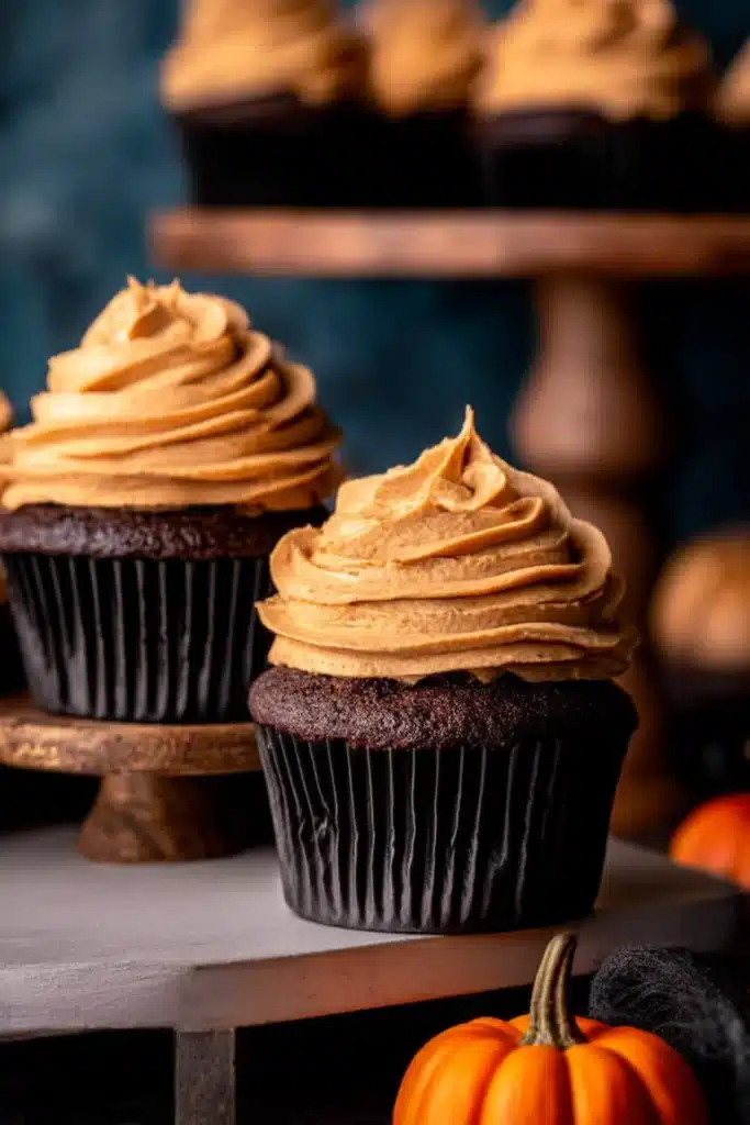 Chocolate Pumpkin Cupcakes | Delicious Cozy Recipe 7 Chocolate Pumpkin Cupcakes close-up with creamy pumpkin frosting on white table