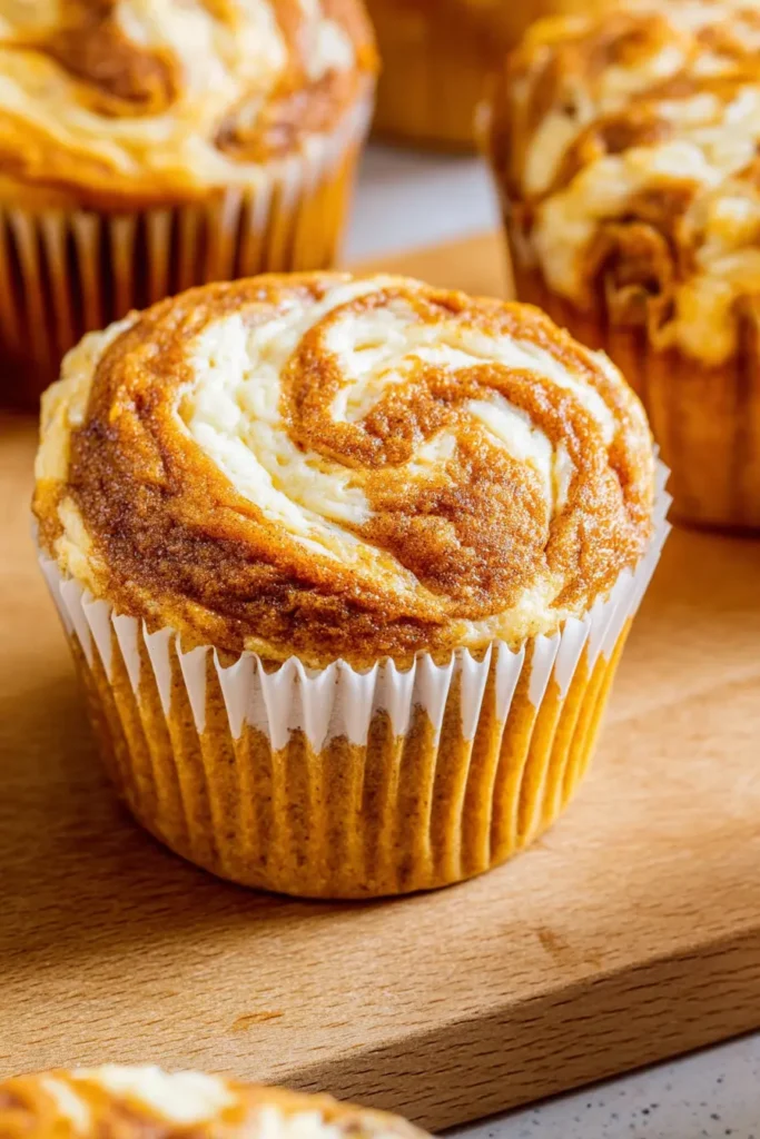 Pumpkin Cream Cheese Swirl Muffins 8 Close-up of pumpkin cream cheese swirl muffin on rustic wooden board